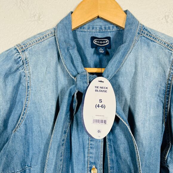 NEW! Scoop Chambray Blouse Tie Neck Long Sleeve Casual Blue - S - Picture 5 of 5
